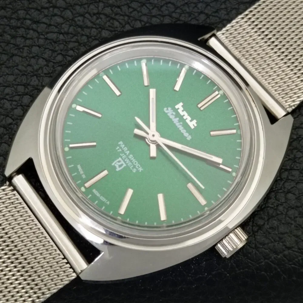 Vintage 1988 HMT Manual Wound Mens Silver Watch & Green accents